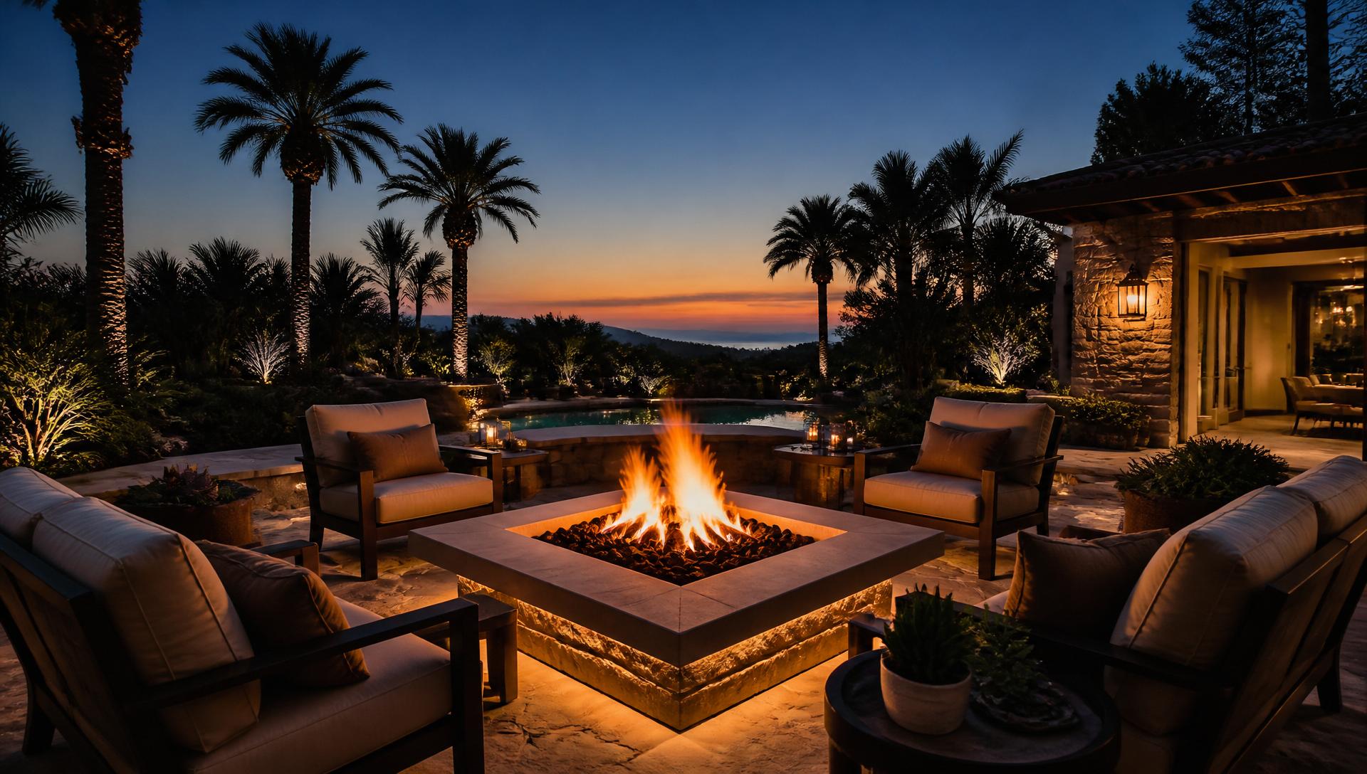 Luxury outdoor firepit at dusk